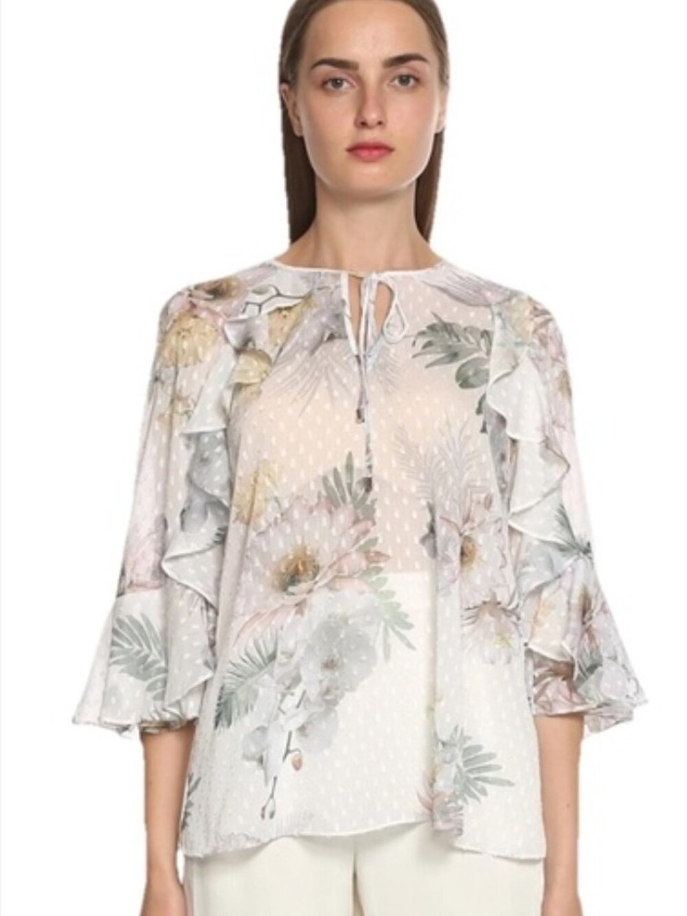 🌻213.Ted Baker Ruffle Sheer White Blouse with Pastel Floral Print